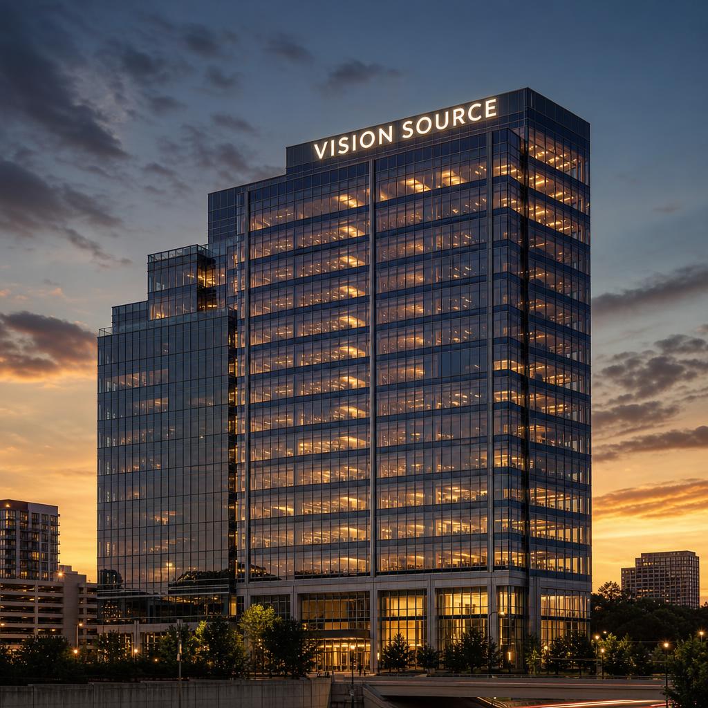 Modern commercial office tower illuminated at dusk